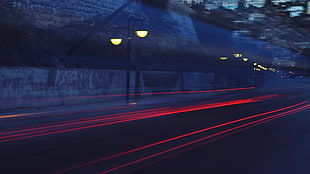 black street lamp post, traffic, long exposure HD wallpaper