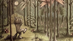 animal standing on woods painting, Where the Wild Things Are, night, forest, Maurice Sendak