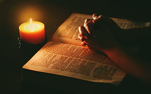 book page, Holy Bible, prayer, candles, lights