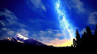 silhouette of mountain and trees during nighttime, universe HD wallpaper