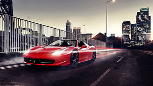 red coupe, car, city, Ferrari