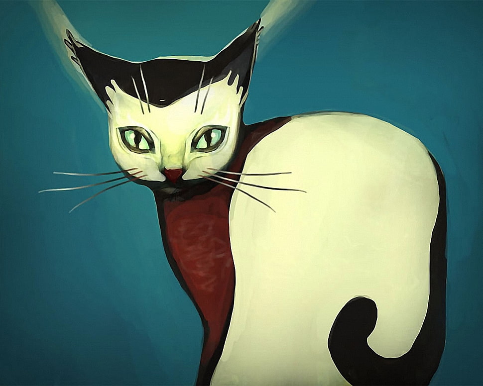 white and brown cat sketch HD wallpaper