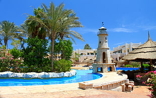 white lighthouse near swimming pool and palm tree during daytime