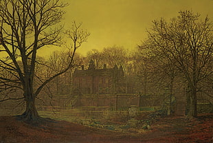 brown tree illustration, John Atkinson Grimshaw, classical art, painting, house HD wallpaper