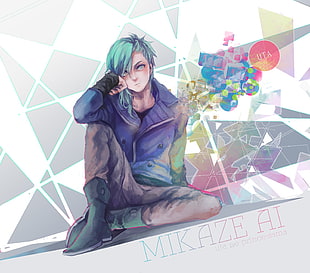 teal-haired anime character in blue jacket digital wallpaper