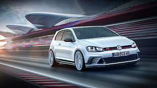 white Volkswagen Polo, Volkswagen Golf GTI, car, motion blur, race tracks HD wallpaper