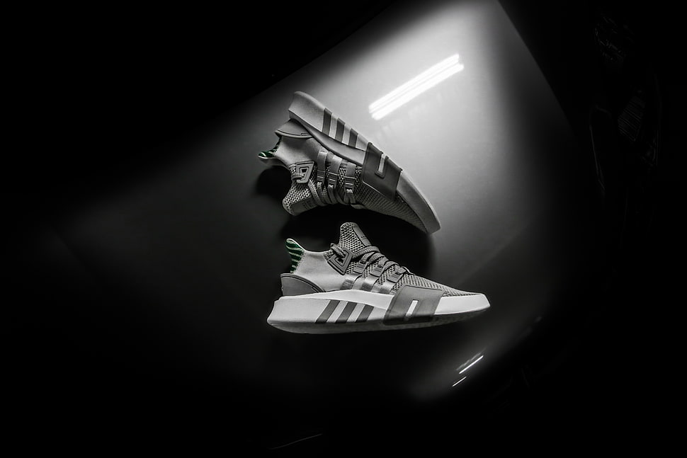 pair of gray-and-black Adidas low-top sneakers HD wallpaper