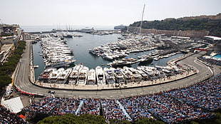 aerial photo of docked motorboats
