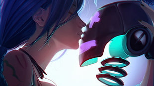 female anime character kissing robot heat illustration HD wallpaper