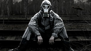 person's black gas mask, gas masks, apocalyptic, railway HD wallpaper