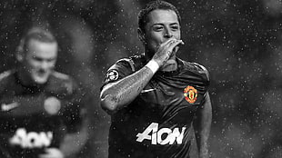 grayscale photo of men's Nike jersey, Manchester United , Javier Hernandez, Chicharito, selective coloring