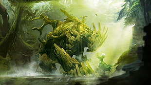 animation character in green tuxedo in front of wood monster