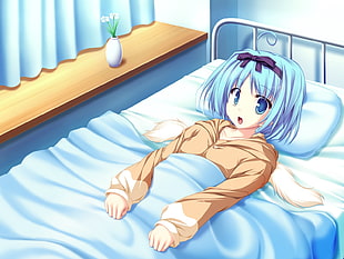 woman with blue hair lying on bed anime character