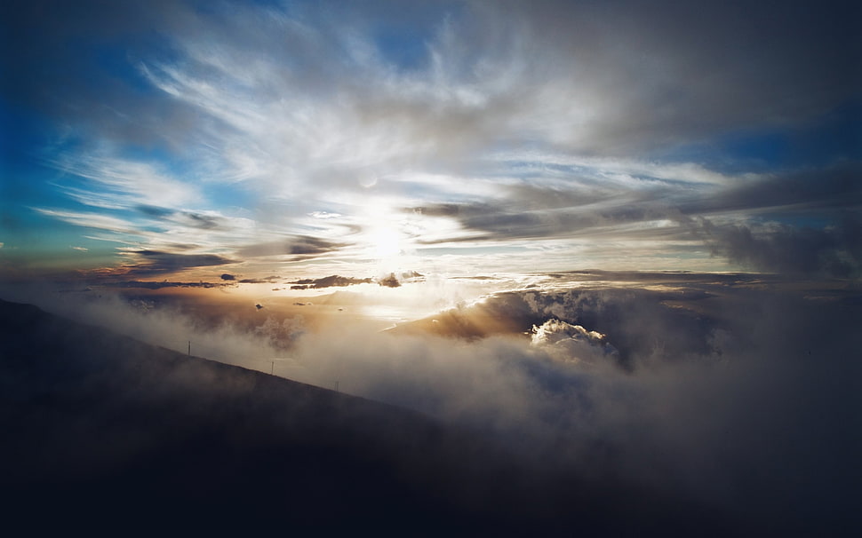 blue sky, landscape, nature, clouds, mist HD wallpaper