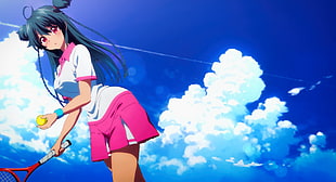 blue haired girl anime holding tennis racket and ball during daytime illustration