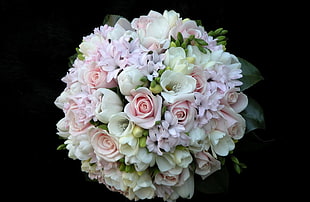 close up photo of white and multicolored bouquet of floewrs