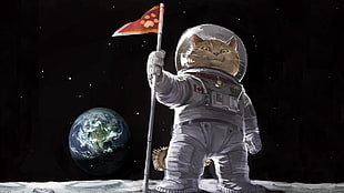 cat in spacesuit holding flag on mooon