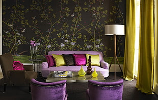 purple 3-piece sofa set, room, interior design, couch, floral