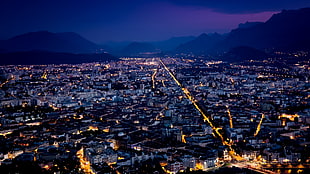 city digital wallpaper, cityscape, night, lights, Grenoble