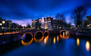 photo of town lights reflecting on body of water during nighttime, Amsterdam, night, Netherlands, bridge
