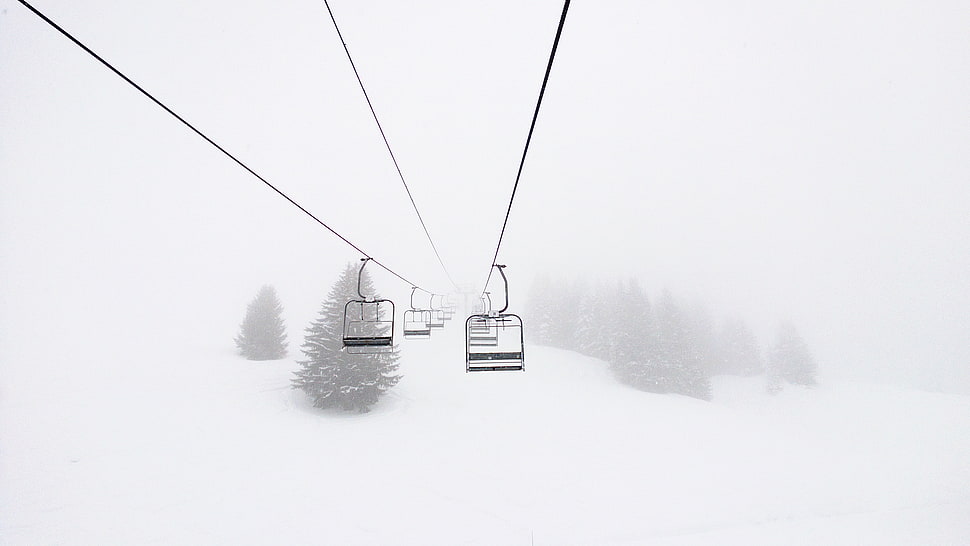 black ski lif, snow, ski lift, ski lifts, pine trees HD wallpaper