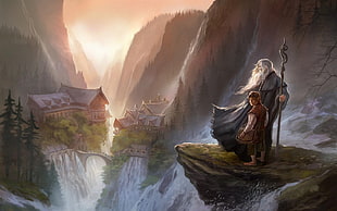 man holding rod on cliff digital wallpaper, The Lord of the Rings, painting, fantasy art, digital art HD wallpaper