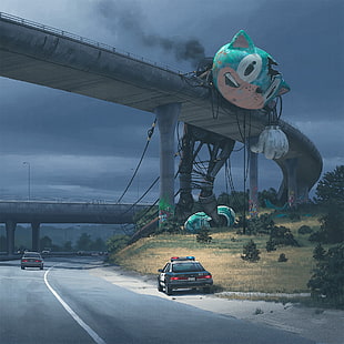 Sonic on bridge painting, Simon Stålenhag