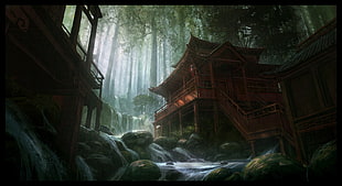 brown wooden shrine, Andree Wallin, Asia, forest, river