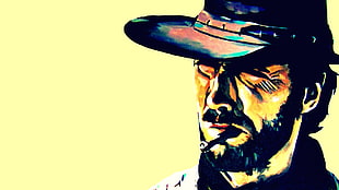 man wearing black hat illustration, Clint Eastwood, artwork, actor, cigars HD wallpaper