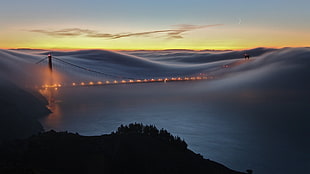 red steel bridge, cityscape, bridge, mist, Golden Gate Bridge