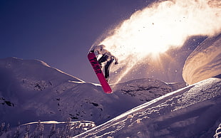 pink snowboard deck, snowboarding, sunlight, sport , flying HD wallpaper