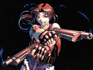 red-haired female anime character holding pistol