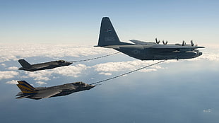 two black fighter jet planes, Lockheed Martin F-35 Lightning II, Lockheed C-130 Hercules, military aircraft