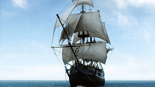 white and brown sailboat, sea, sailing ship