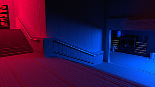 black and white wooden bed frame, red, blue, stairs, vaporwave