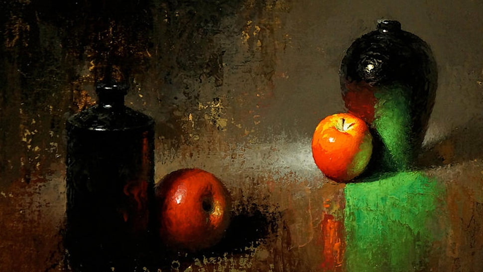 painting of two vases and two apples, classic art HD wallpaper