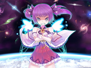 purple haired girl wearing purple dress anime illustration