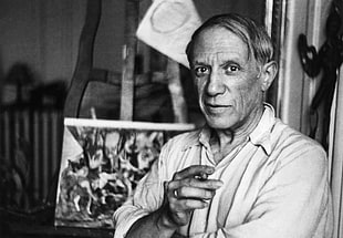 grayscale photo of man in collared shirt, men, painters, Pablo Picasso, cubism