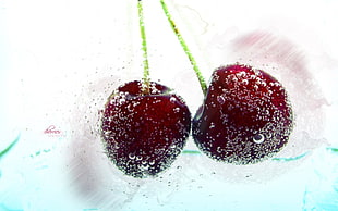 two cherry fruits, water, fruit, cherries (food)