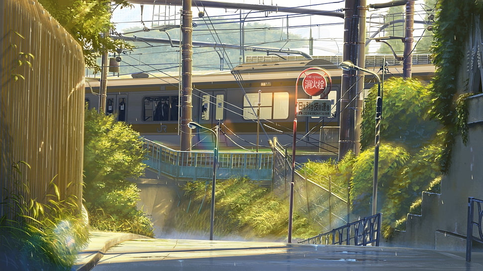 gray train painting, anime, street, train, urban HD wallpaper