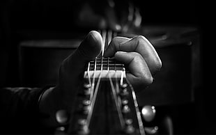 grayscale photography of person playing guitar HD wallpaper