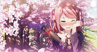 brown-haired female anime wearing uniform wallpaper, blushing, hair bows, cherry blossom, Kantoku HD wallpaper