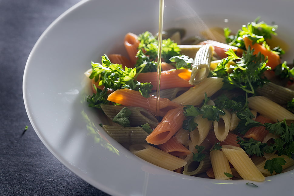 pasta with green vegetables on white plate HD wallpaper