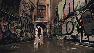 silhouette of person standing at hallway between walls with graffiti