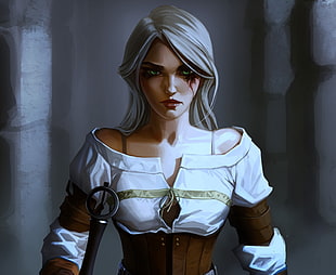 digital painting of white haired woman