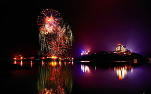 fireworks display, photography, water, night, lights