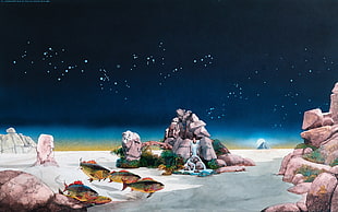 school of fish painting, Roger Dean, fantasy art, fish, rock