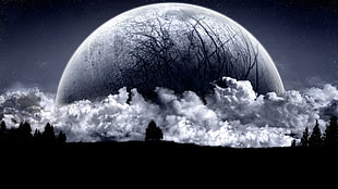 full moon illustration, digital art, fantasy art, Moon, stars
