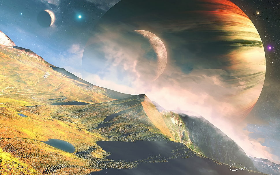 mountain, space, planet, landscape, space art HD wallpaper