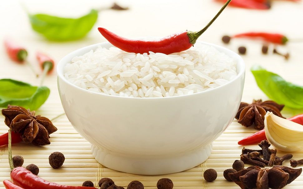 cooked rice with red chili pepper on top HD wallpaper